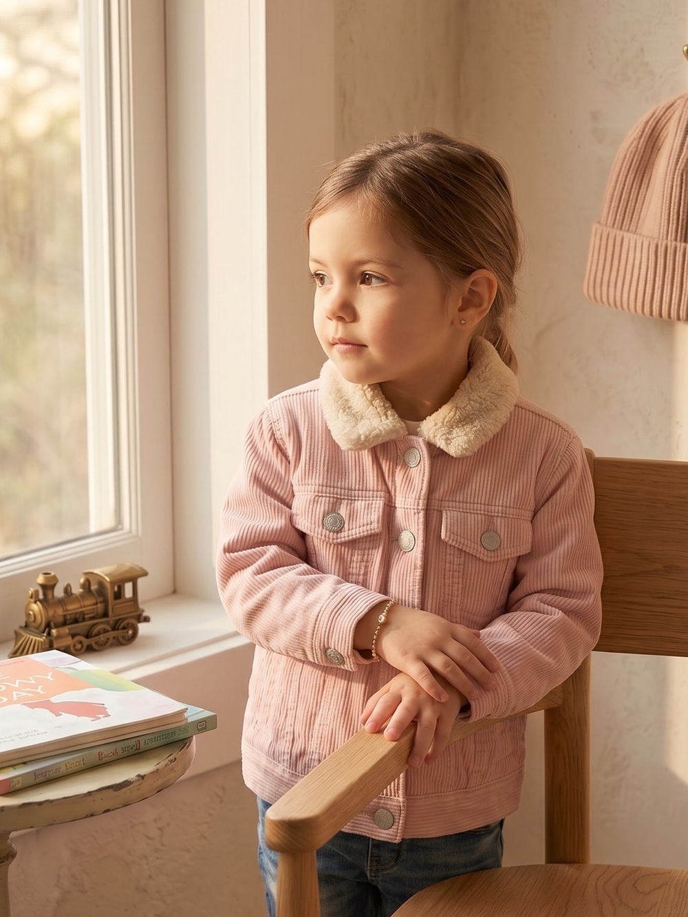 GAP Girls' Pink Corduroy Jacket with Cream Faux-Sherpa Collar